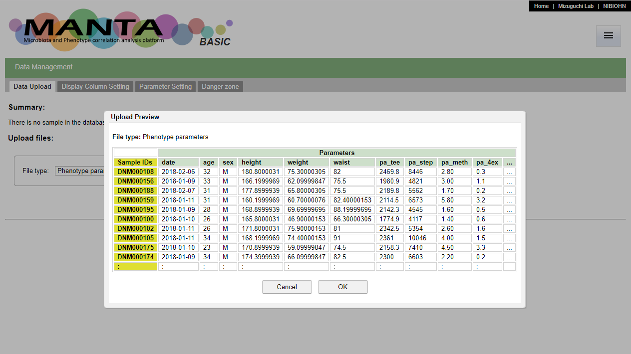 Preview phenotype parameters upload