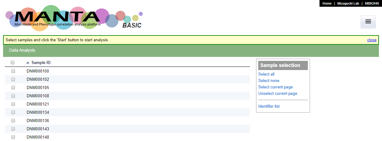 The default sample list table